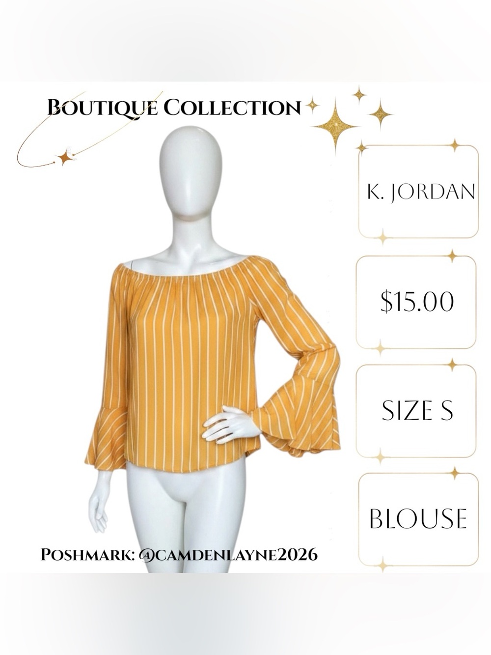 K Jordan Mustard and White Striped Off-Shoulder Bell Sleeve Top